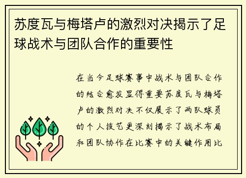 苏度瓦与梅塔卢的激烈对决揭示了足球战术与团队合作的重要性